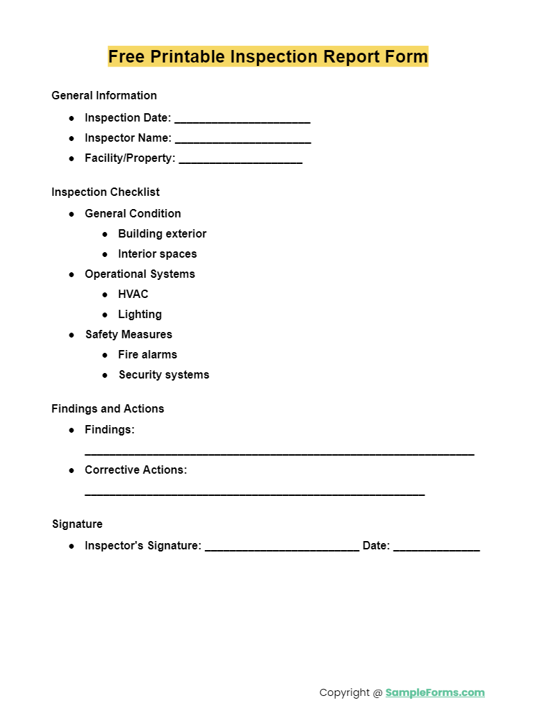 free printable inspection report form