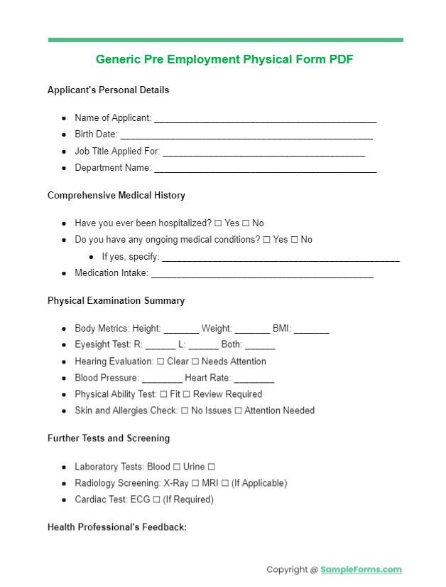 generic pre employment physical form pdf