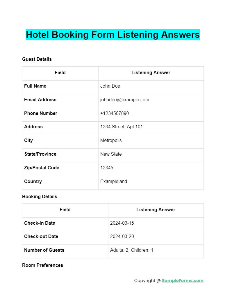 hotel booking form listening answers