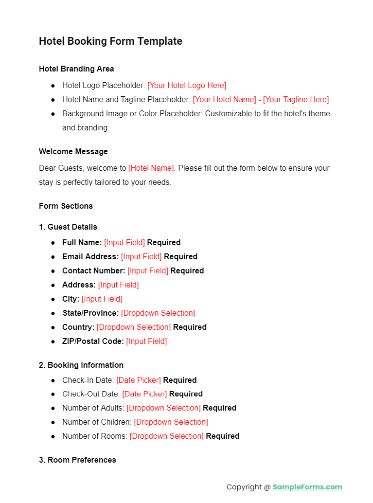 hotel booking form template