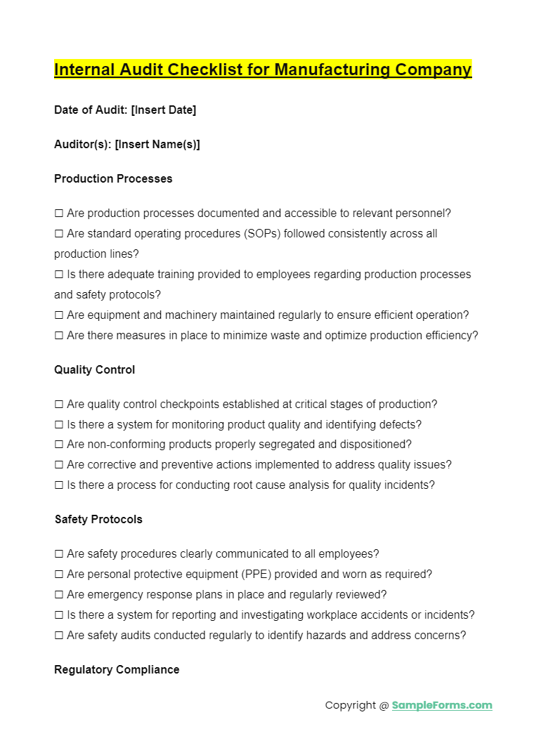 internal audit checklist for manufacturing company