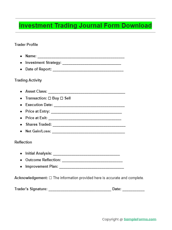investment trading journal form download