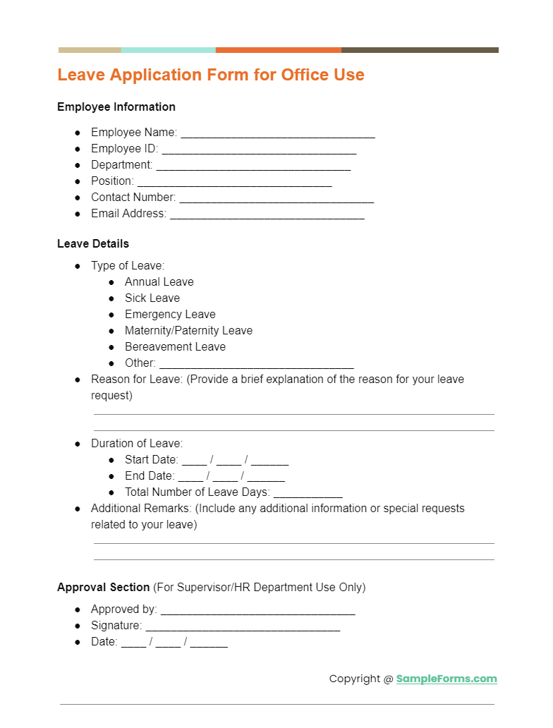 leave application form for office use