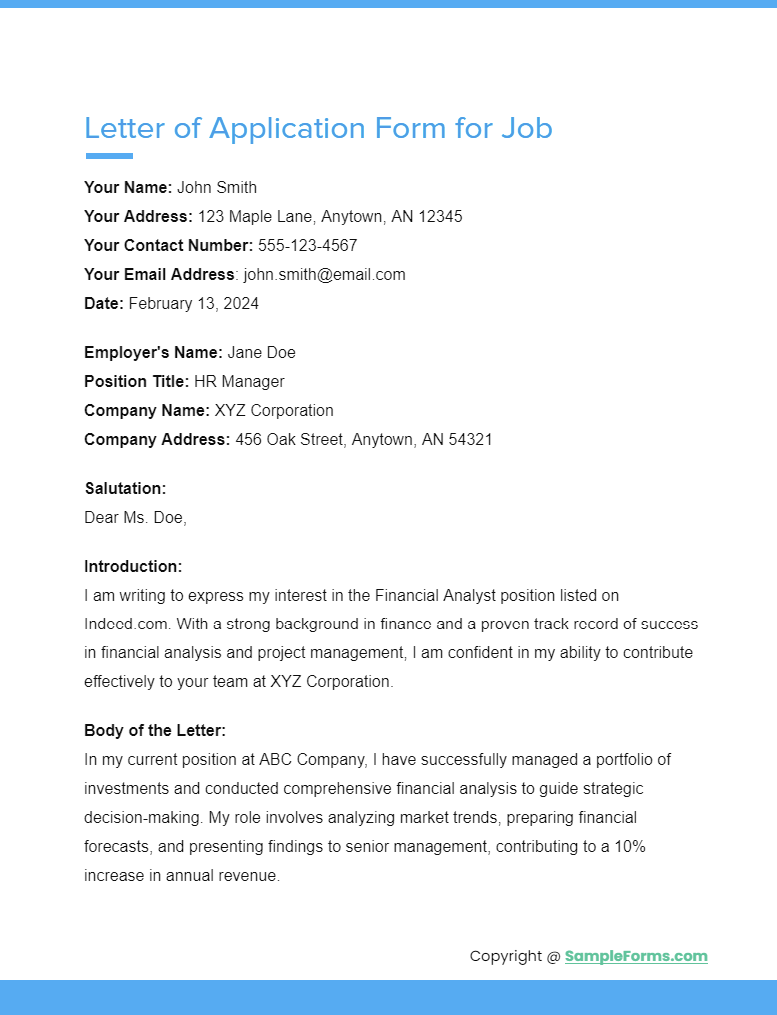 letter of application form for job