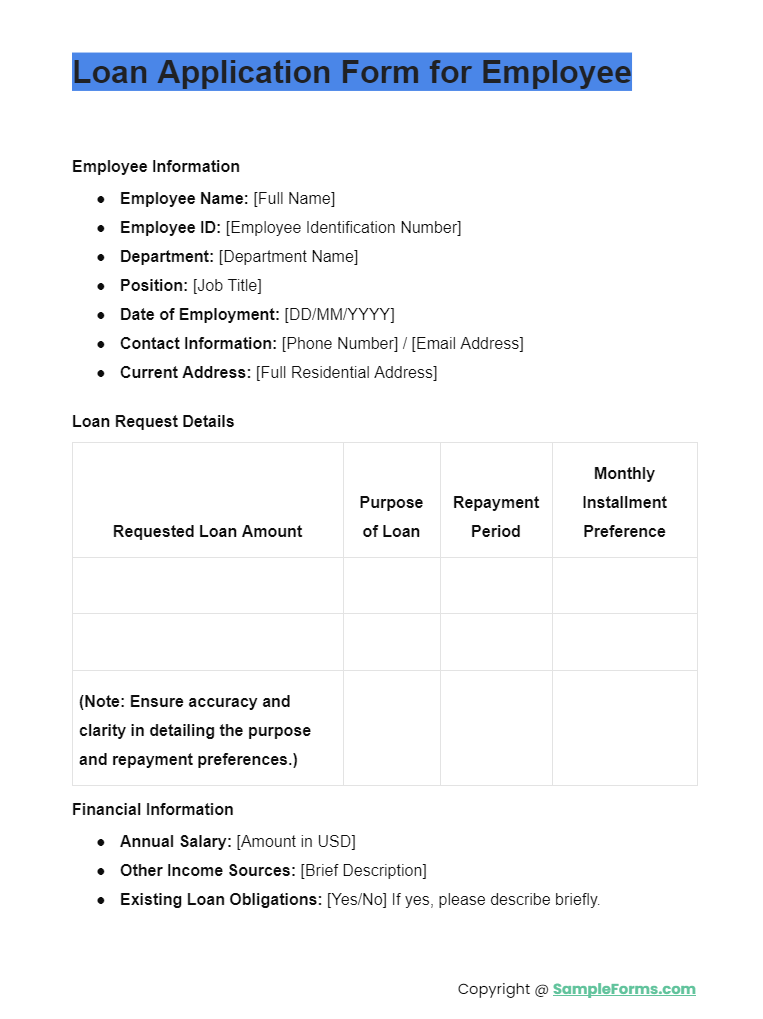 loan application form for employee