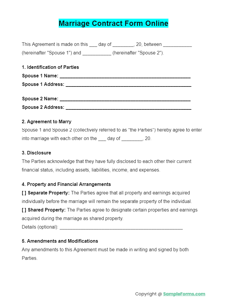 marriage contract form online