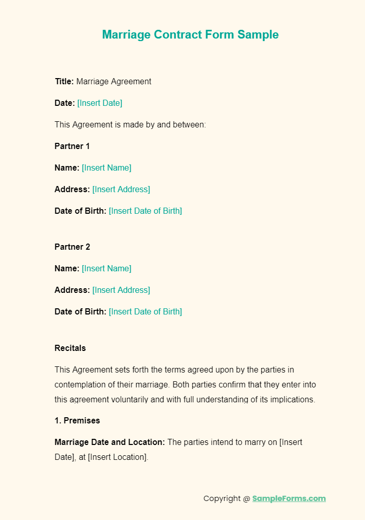 marriage contract form sample