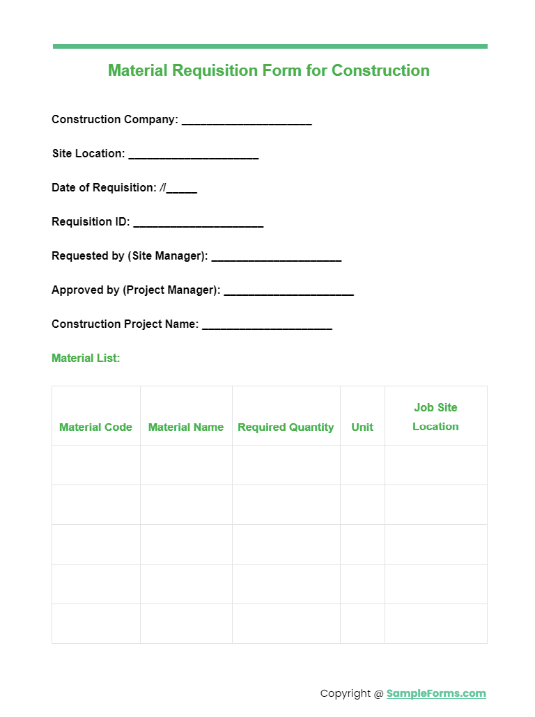 material requisition form for construction