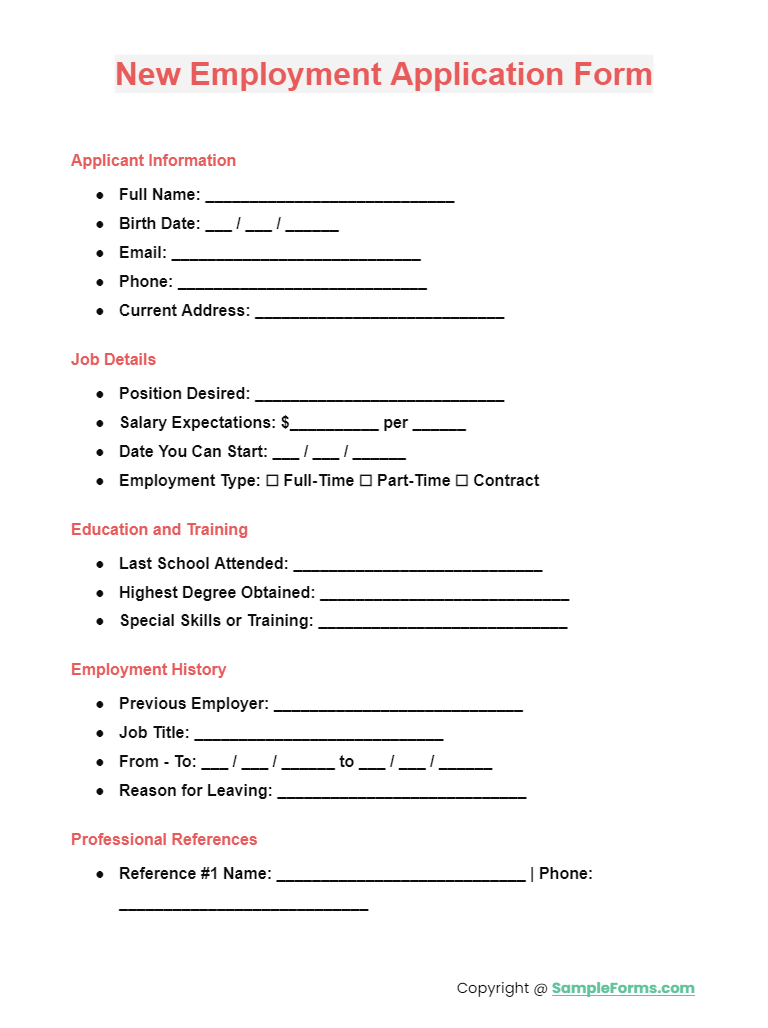 new employment application form
