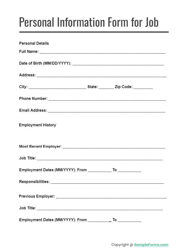 personal information form for job