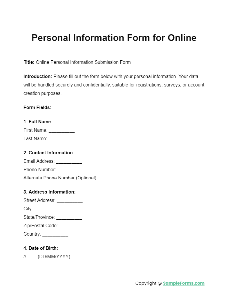 personal information form for online