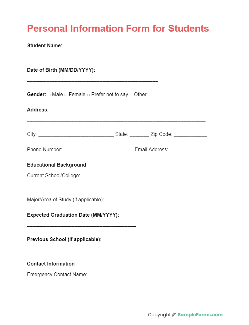 personal information form for students