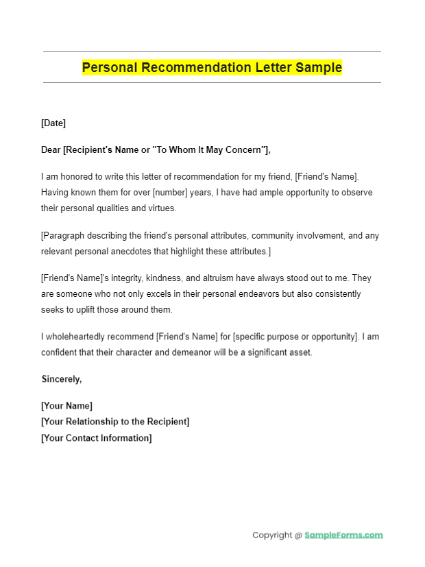 personal recommendation letter sample