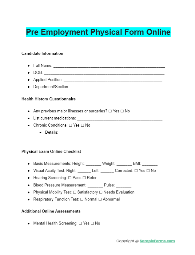 pre employment physical form online