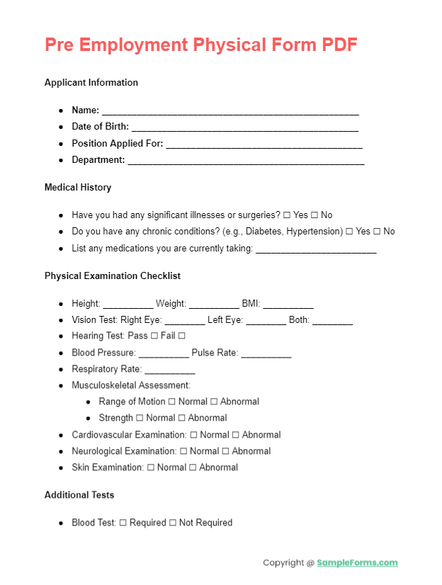 pre employment physical form pdf