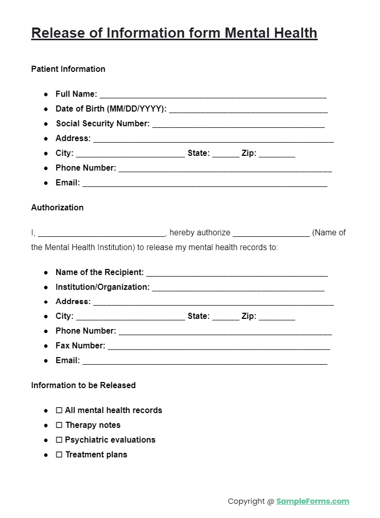 release of information form mental health