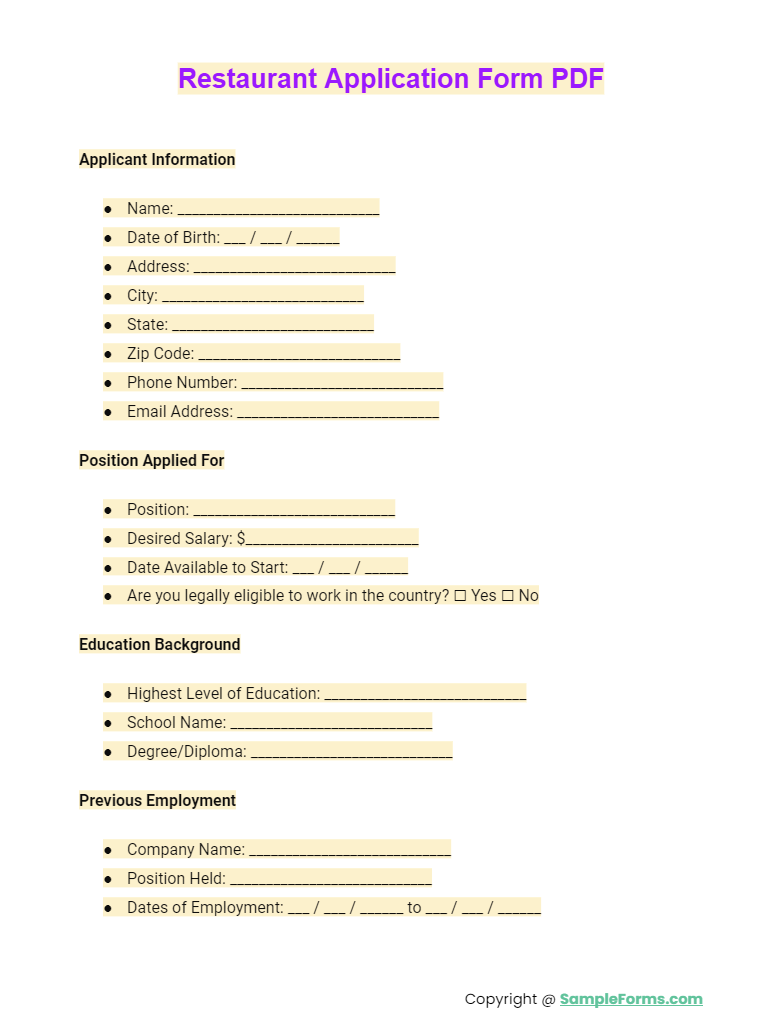 restaurant application form pdf