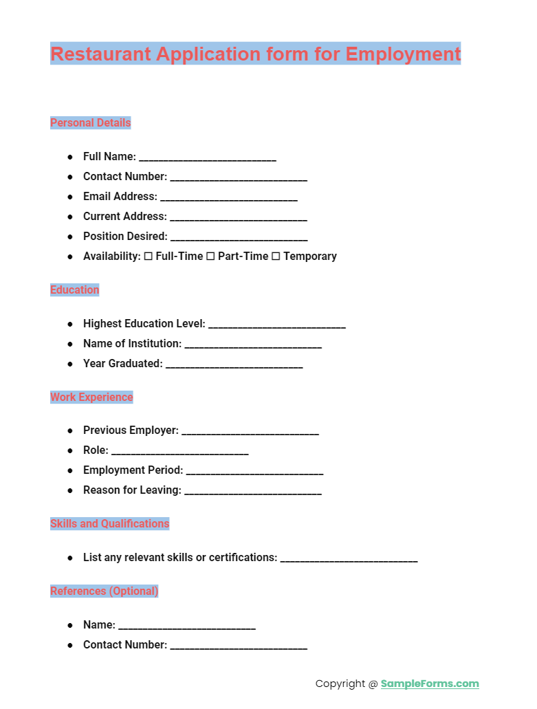 restaurant application form for employment