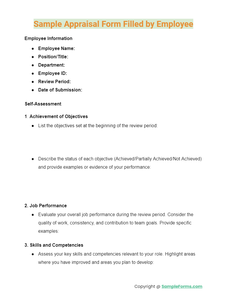 sample appraisal form filled by employee