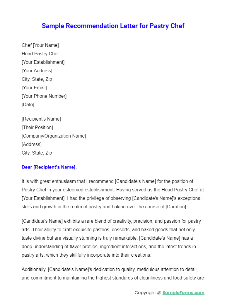 sample recommendation letter for pastry chef