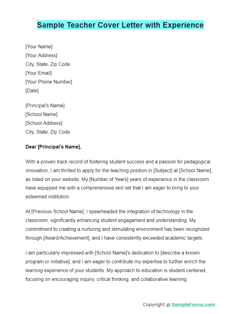 sample teacher cover letter with experience
