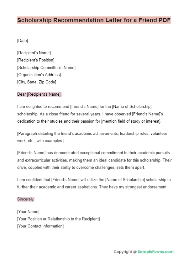 scholarship recommendation letter for a friend pdf