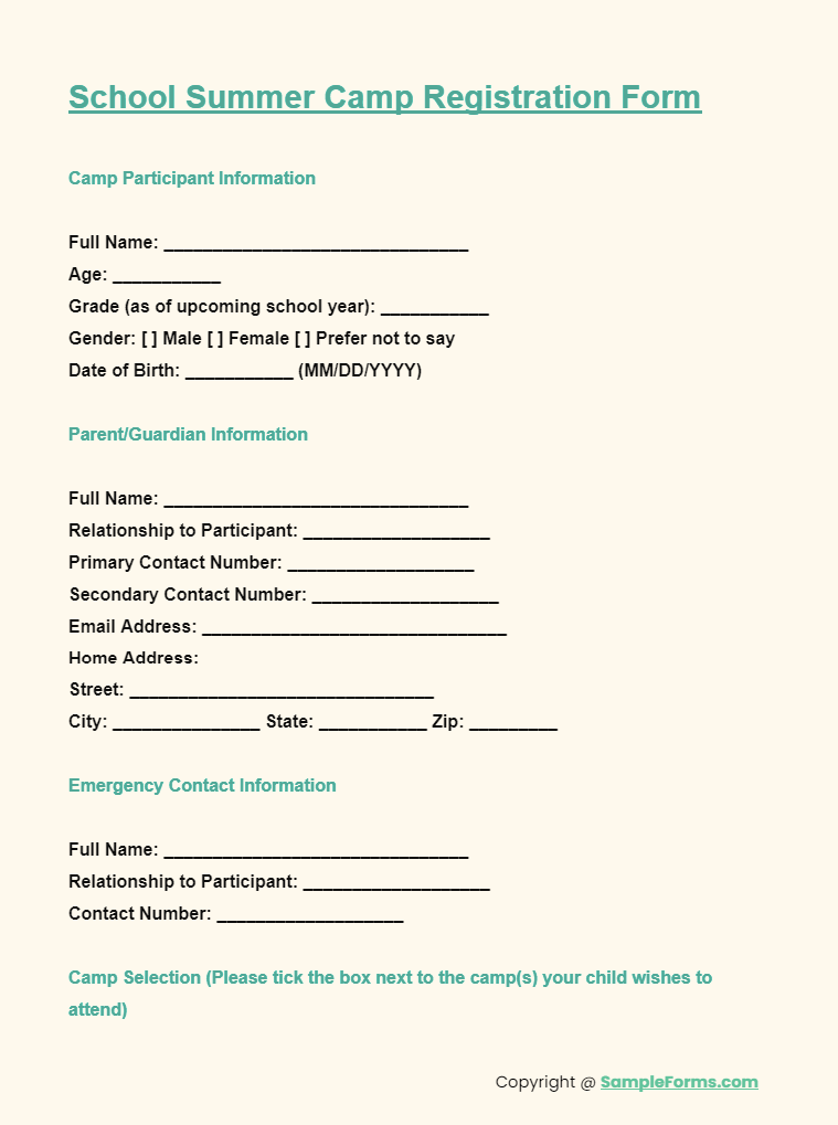 school summer camp registration form