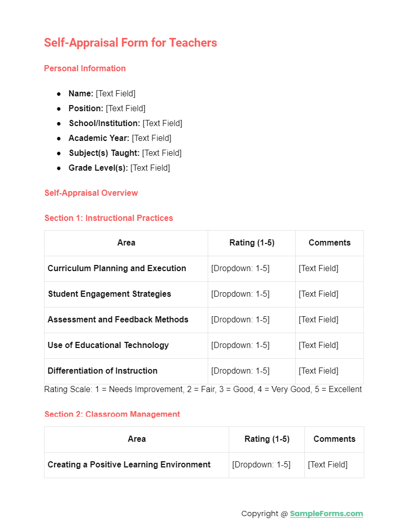 self appraisal form for teachers