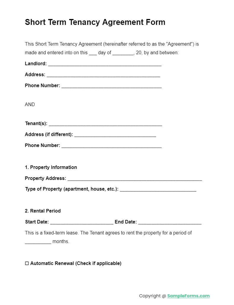 short term tenancy agreement form