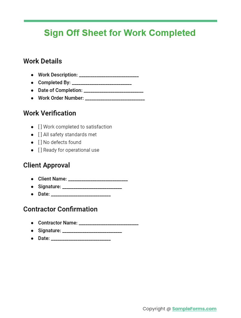 sign off sheet for work completed