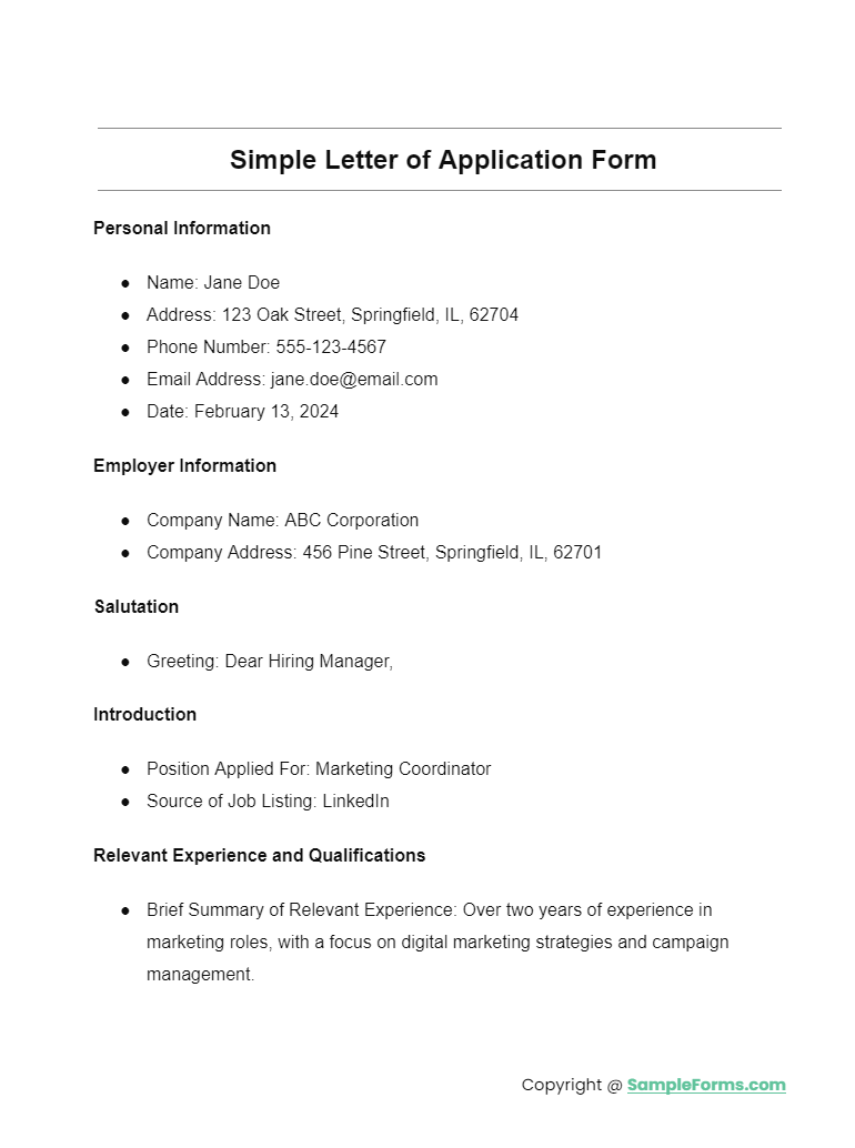 simple letter of application form