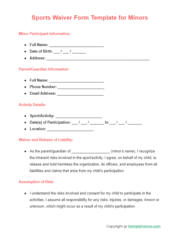 sports waiver form template for minors