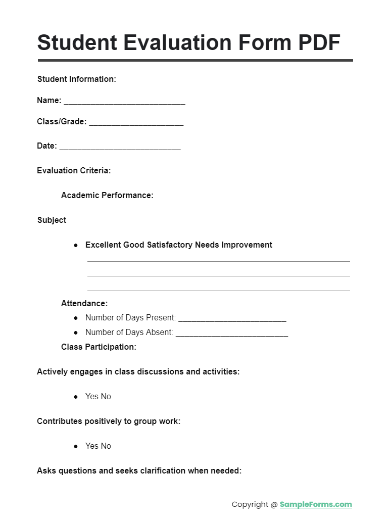 student evaluation form pdf