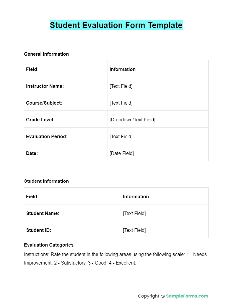 student evaluation form template