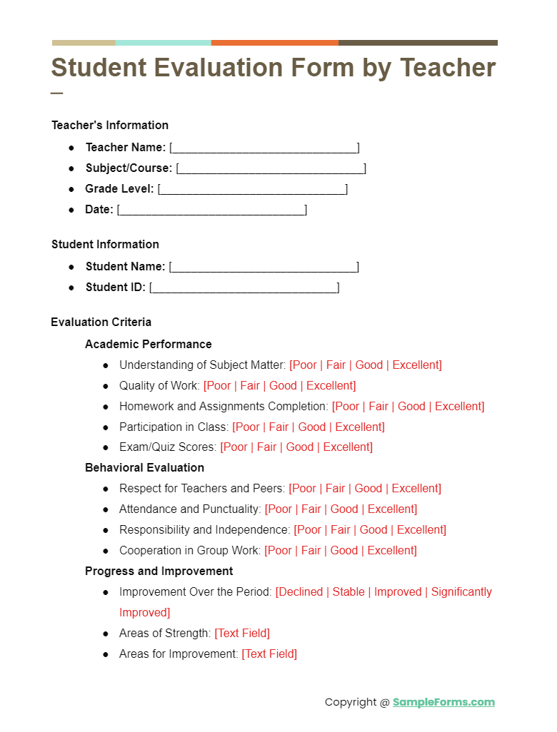 student evaluation form by teacher