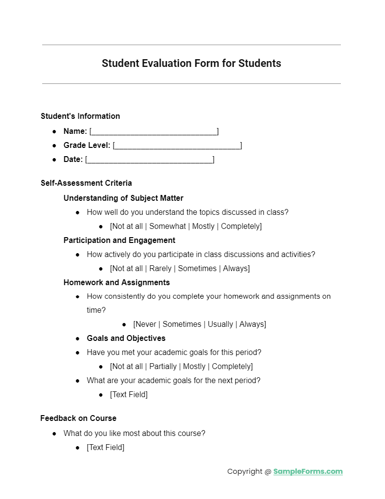 student evaluation form for students