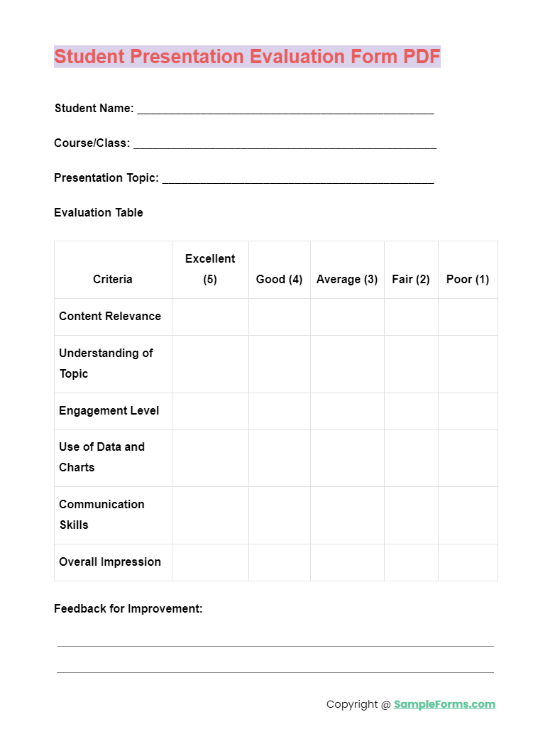 student presentation evaluation form pdf