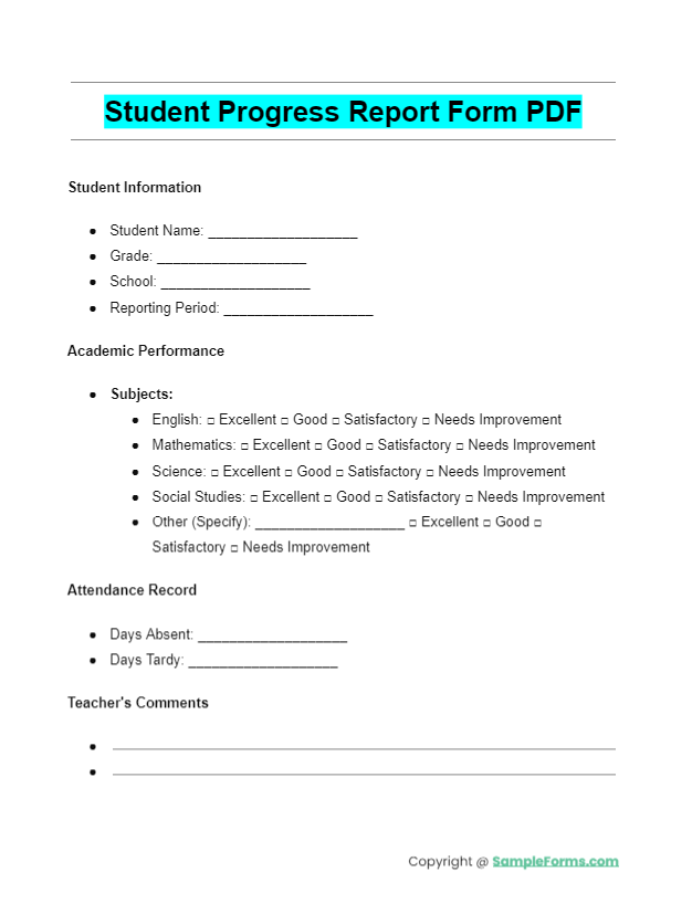student progress report form pdf