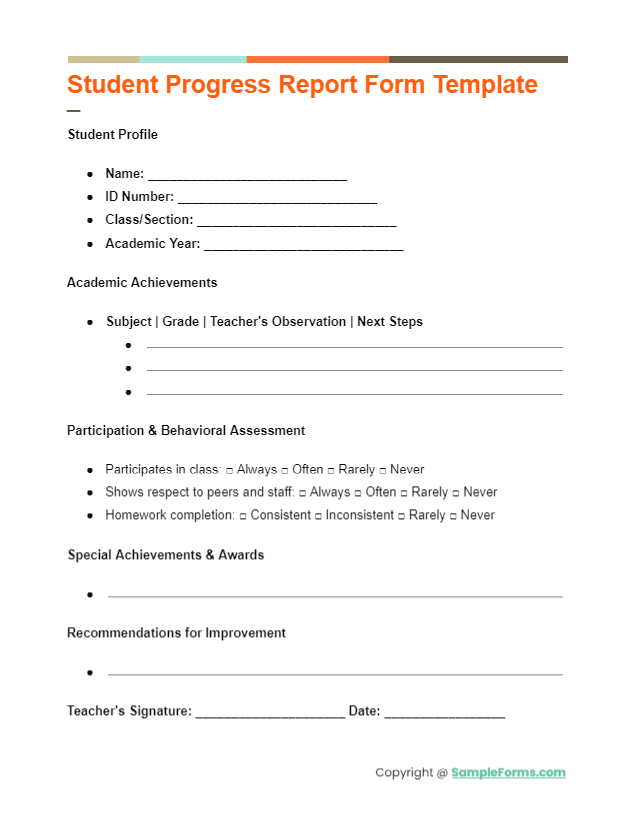 student progress report form template