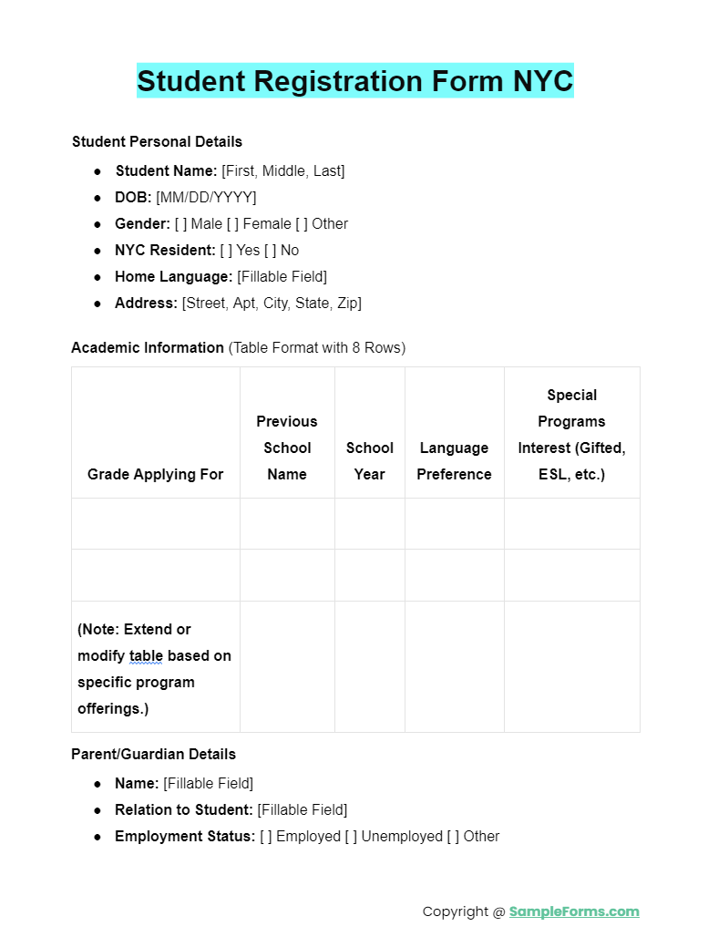 student registration form nyc