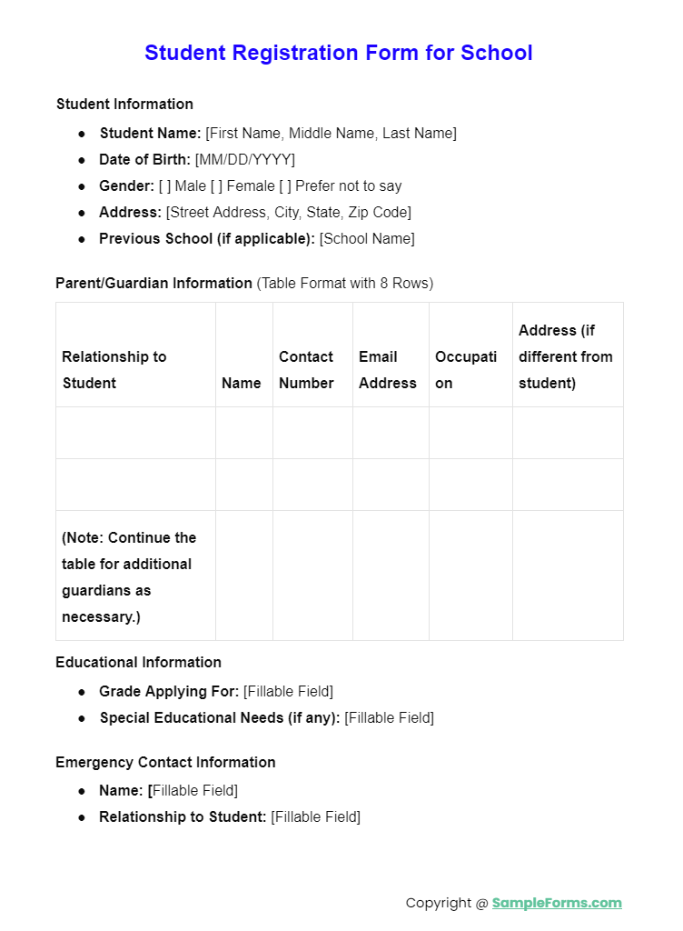 student registration form school