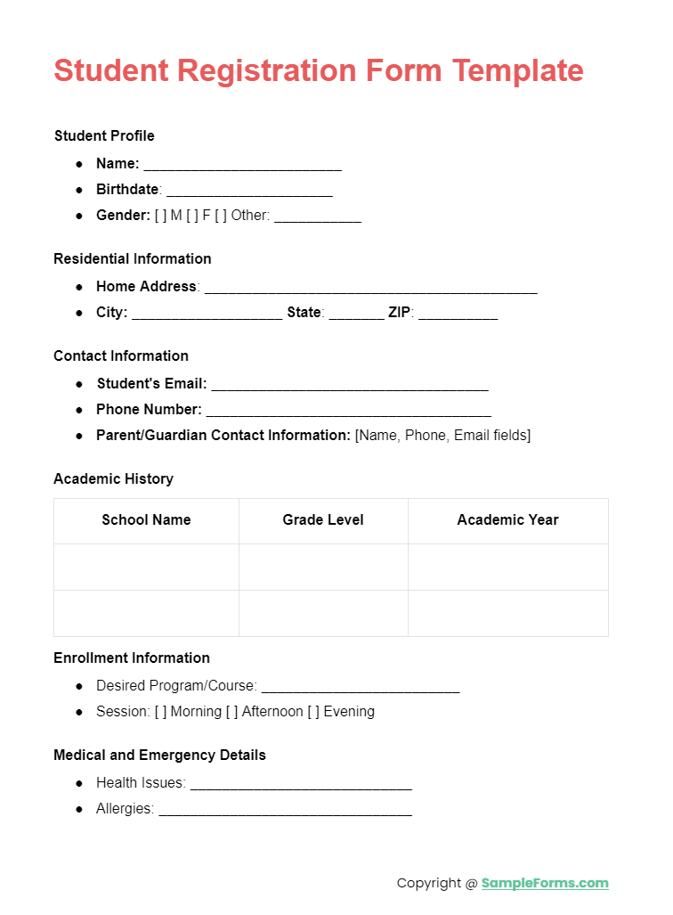 student registration form template