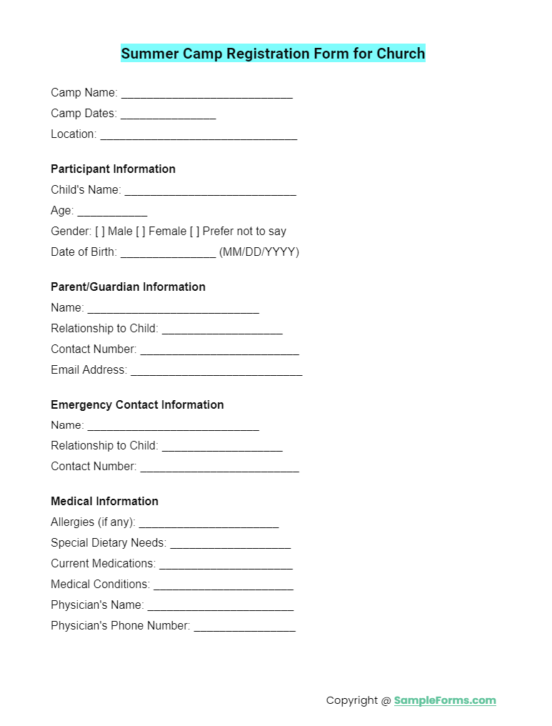 summer camp registration form for church