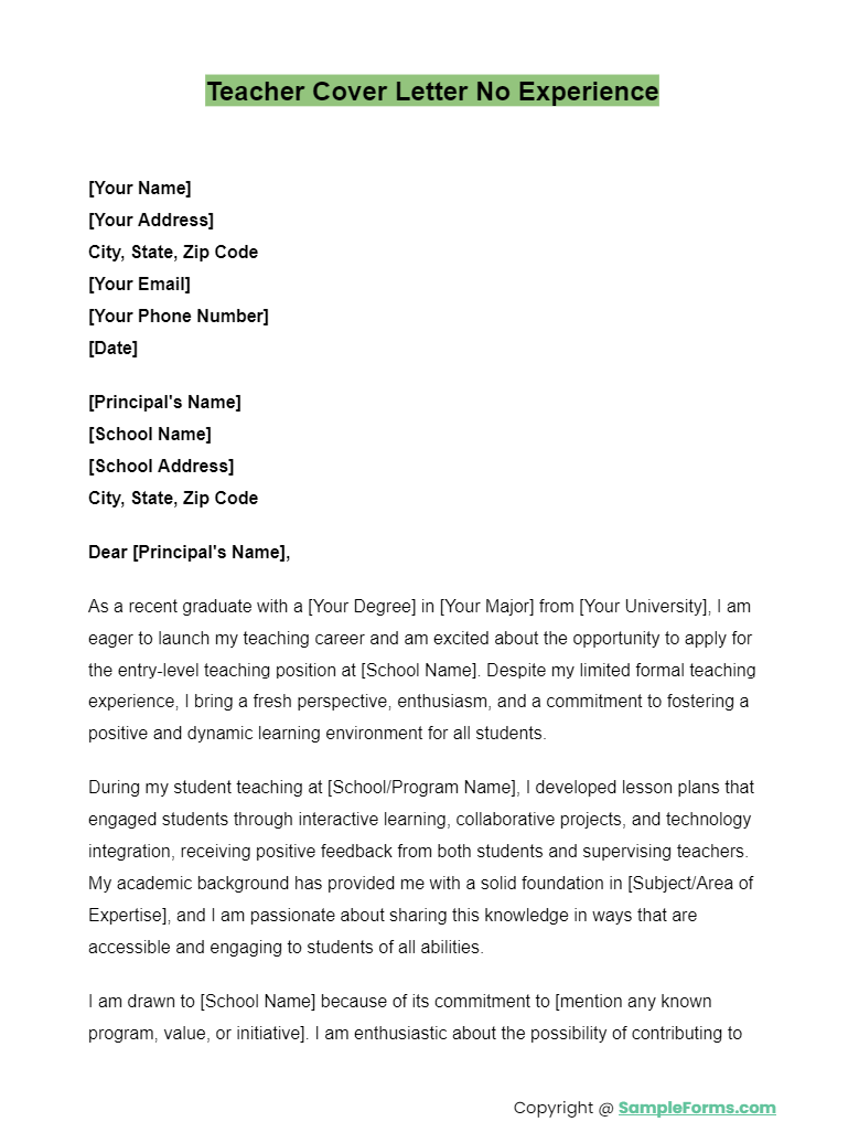 teacher cover letter no experience