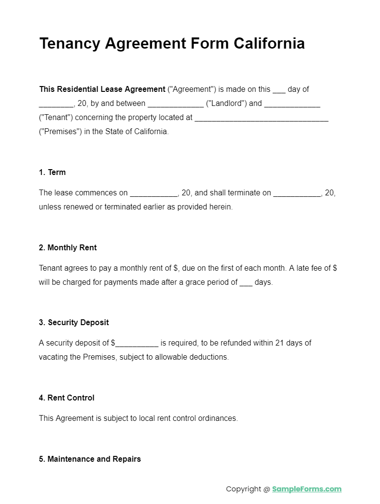 tenancy agreement form california