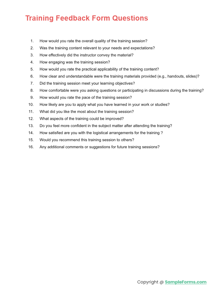 training feedback form questions