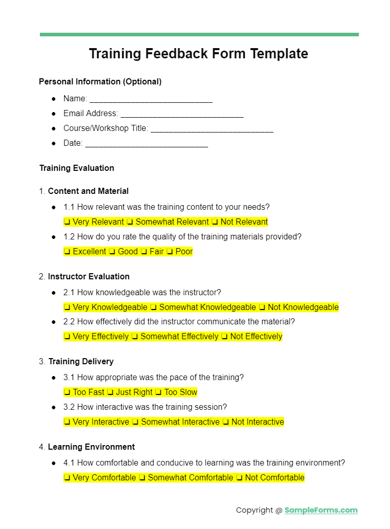 training feedback form template