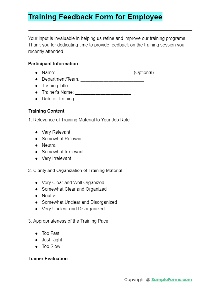 training feedback form for employee