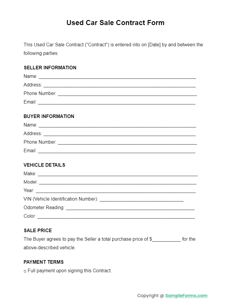used car sale contract form