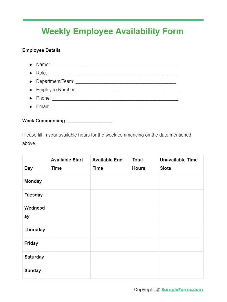 weekly employee availability form